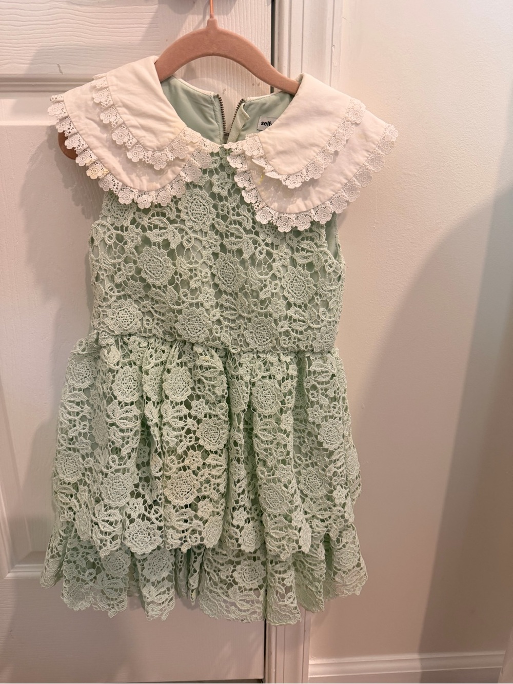 Self-Portrait Girls Mint Lace Tiered Dress with White Peter Pan Collar
